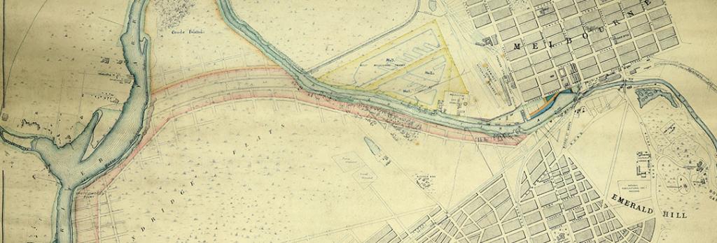 Figure 3: This plan shows the course of the Coode Canal relative to the natural course of the river and the swamp west of the Melbourne city grid as proposed by John Coode in 1879, PROV, VPRS 7664/P1, Melbourne Harbour Showing Harbour Improvements (1879) (detail). Figure 3: This plan shows the course of the Coode Canal relative to the natural course of the river and the swamp west of the Melbourne city grid as proposed by John Coode in 1879, PROV, VPRS 7664/P1, Melbourne Harbour Showing Harbour Improvements (1879) (detail).
